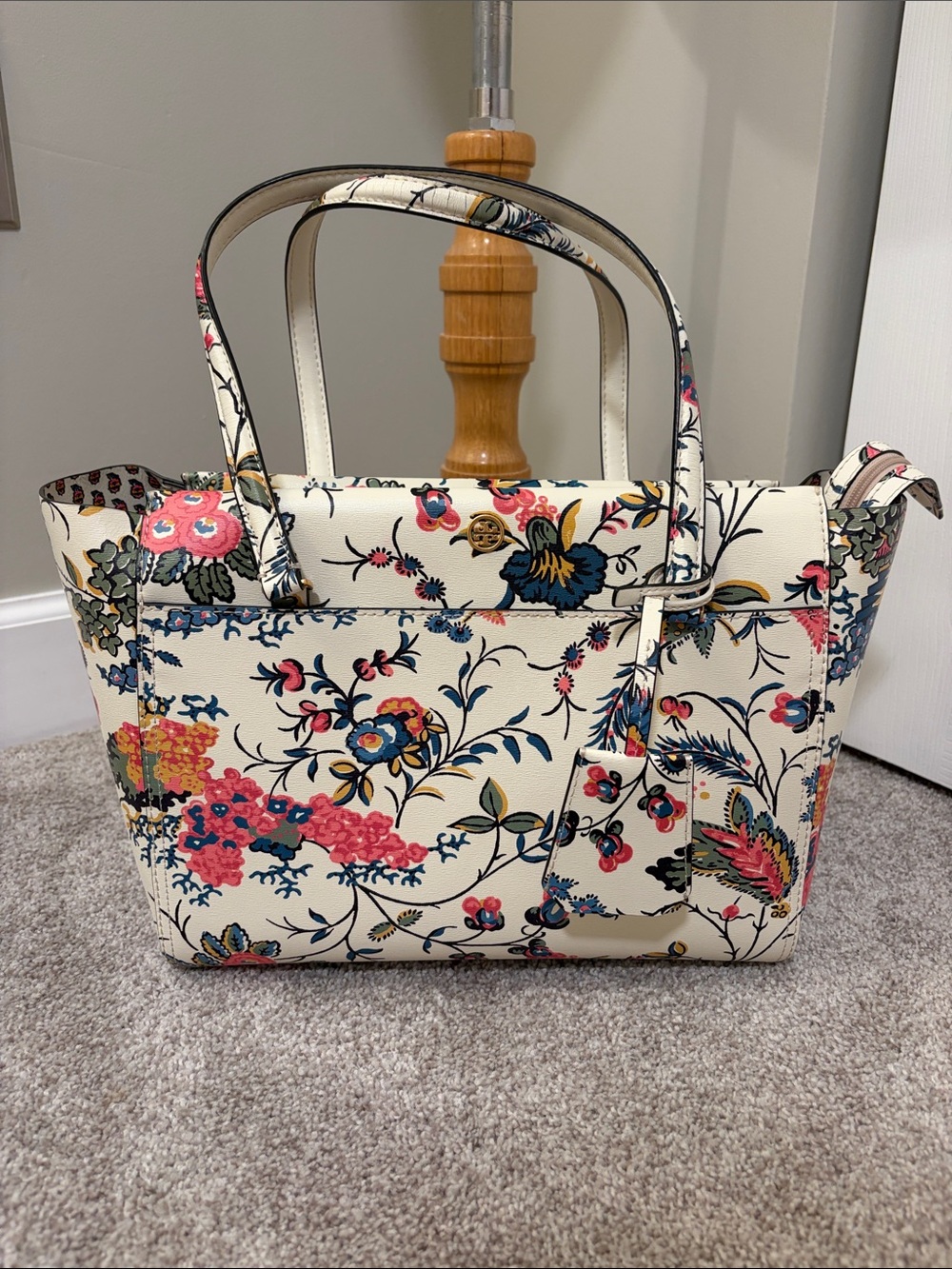 Tory Burch Floral Botanical Print Cream Leather Tote Bag Shoulder Bag